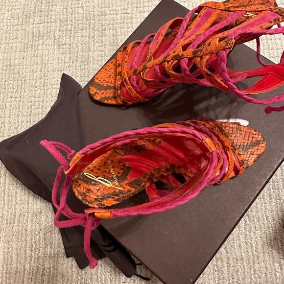B Brian Atwood- Elisa Python Tie-Back Sandal, Orange/Pink 37.5 - Picture 2 of 4